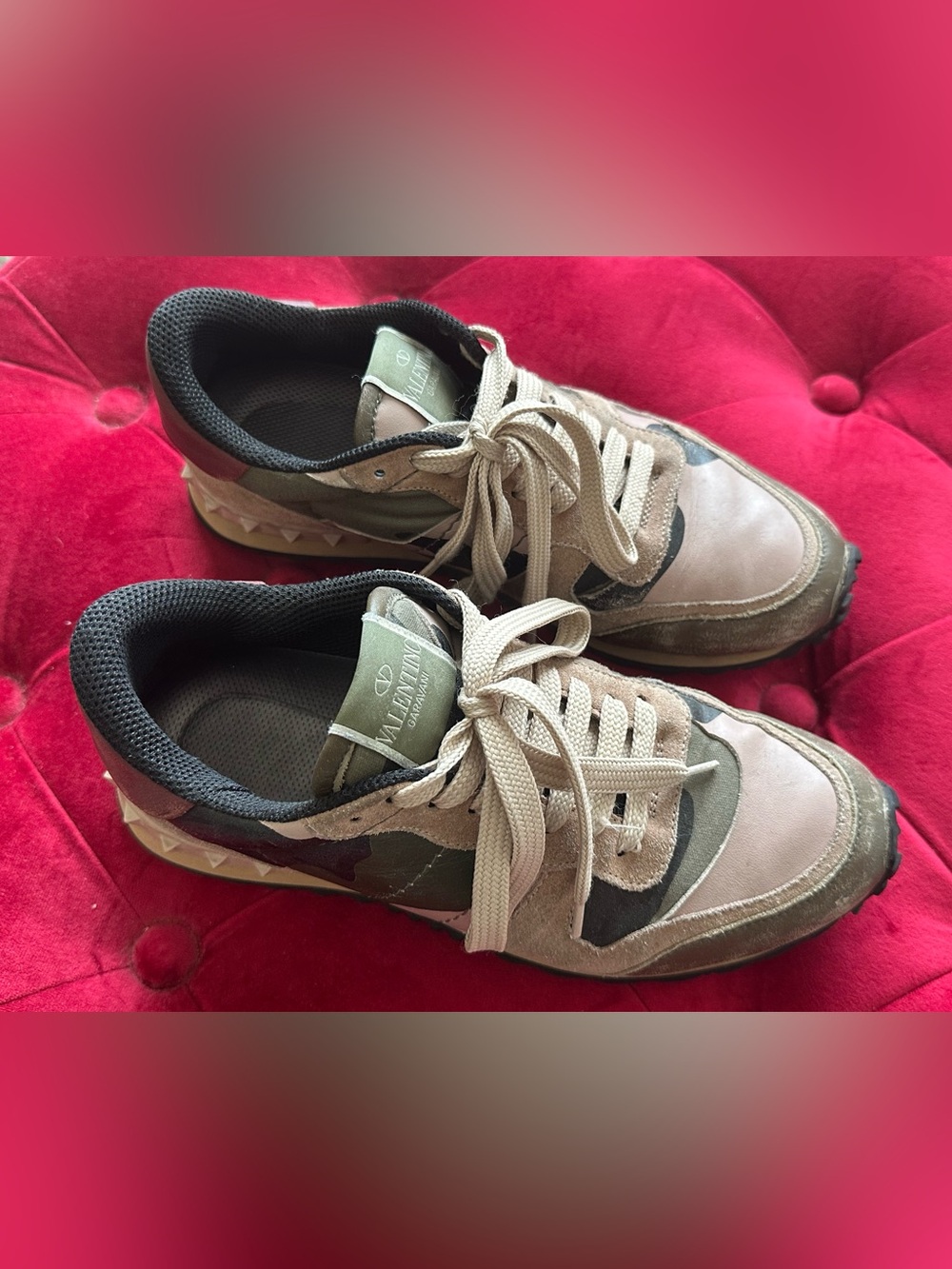 Valentino Beige and Green Camouflage Sneakers